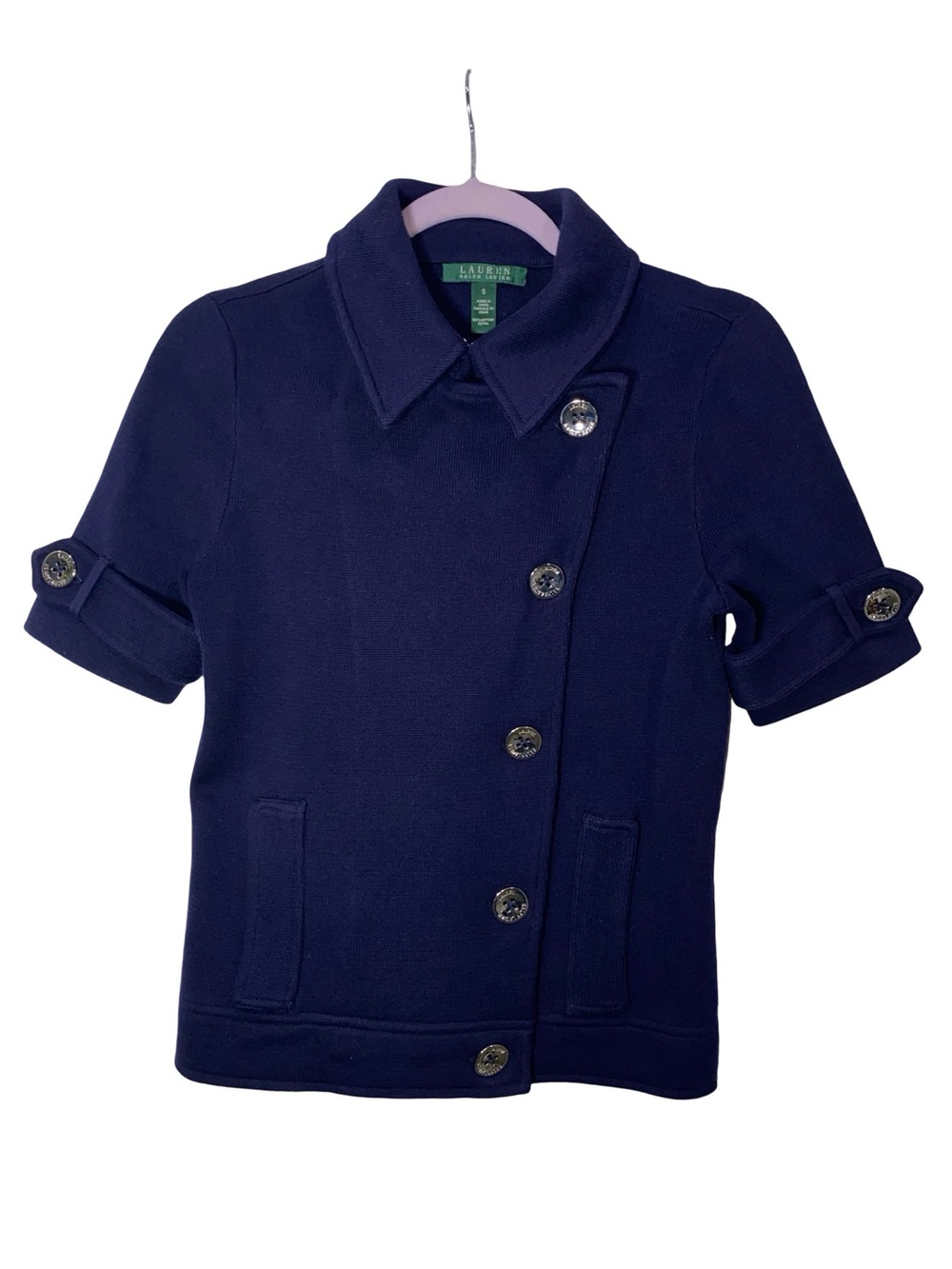 Lauren Ralph Lauren Navy Blue Short Sleeve Knit Moto Jacket Sweater Top Size S - Picture 2 of 6